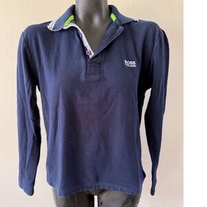 Hugo Boss Mens Polo Shirt Sz M Navy Blue Modern Fit Long Sleeve Preppy Old Money